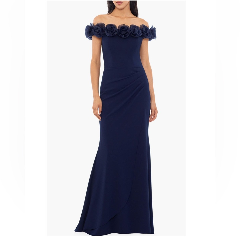Xscape Blue Ruffled Off-Shoulder Gown